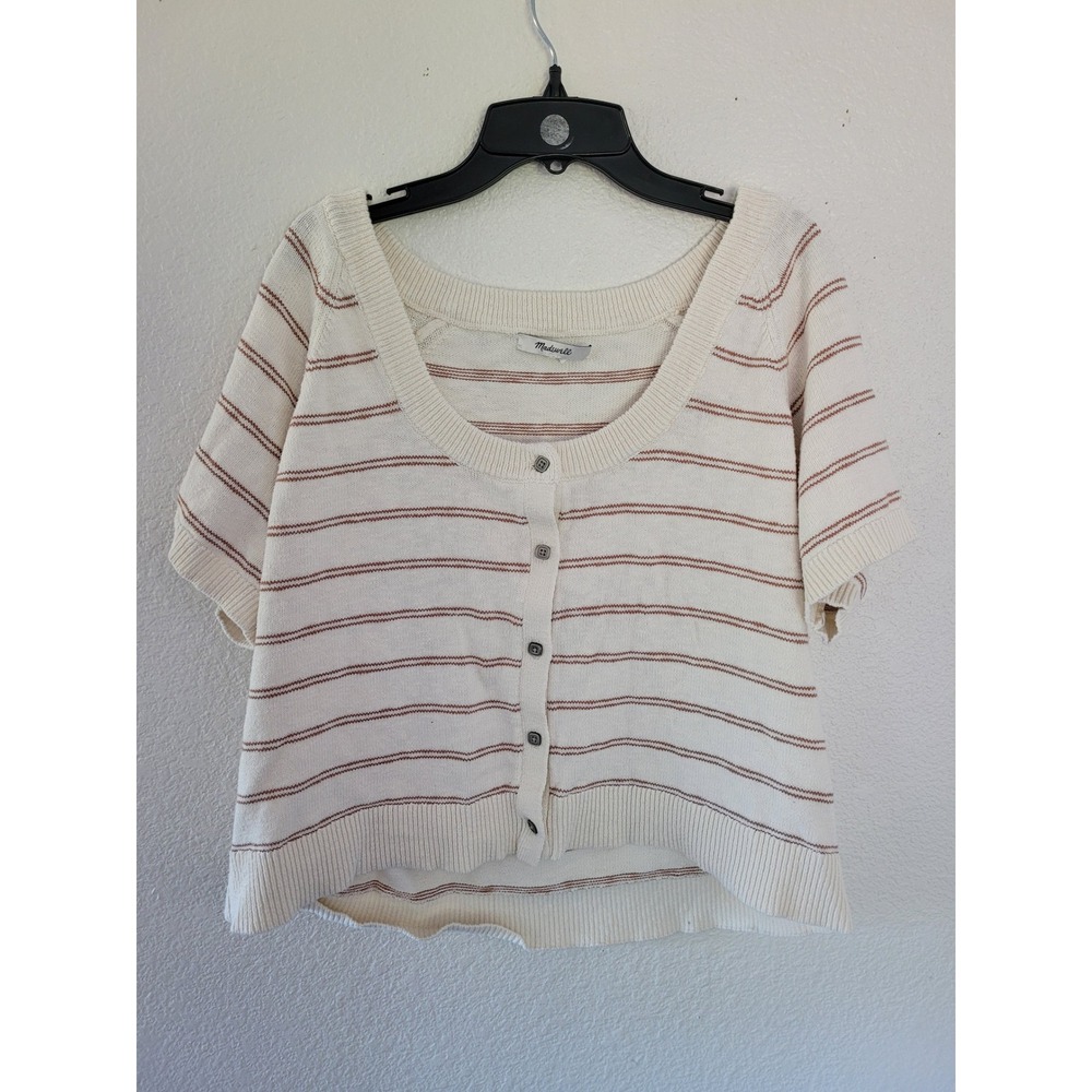 Madewell Striped Short Sleeve Cardigan Sweater Cream Brown Scoop Neck L #9